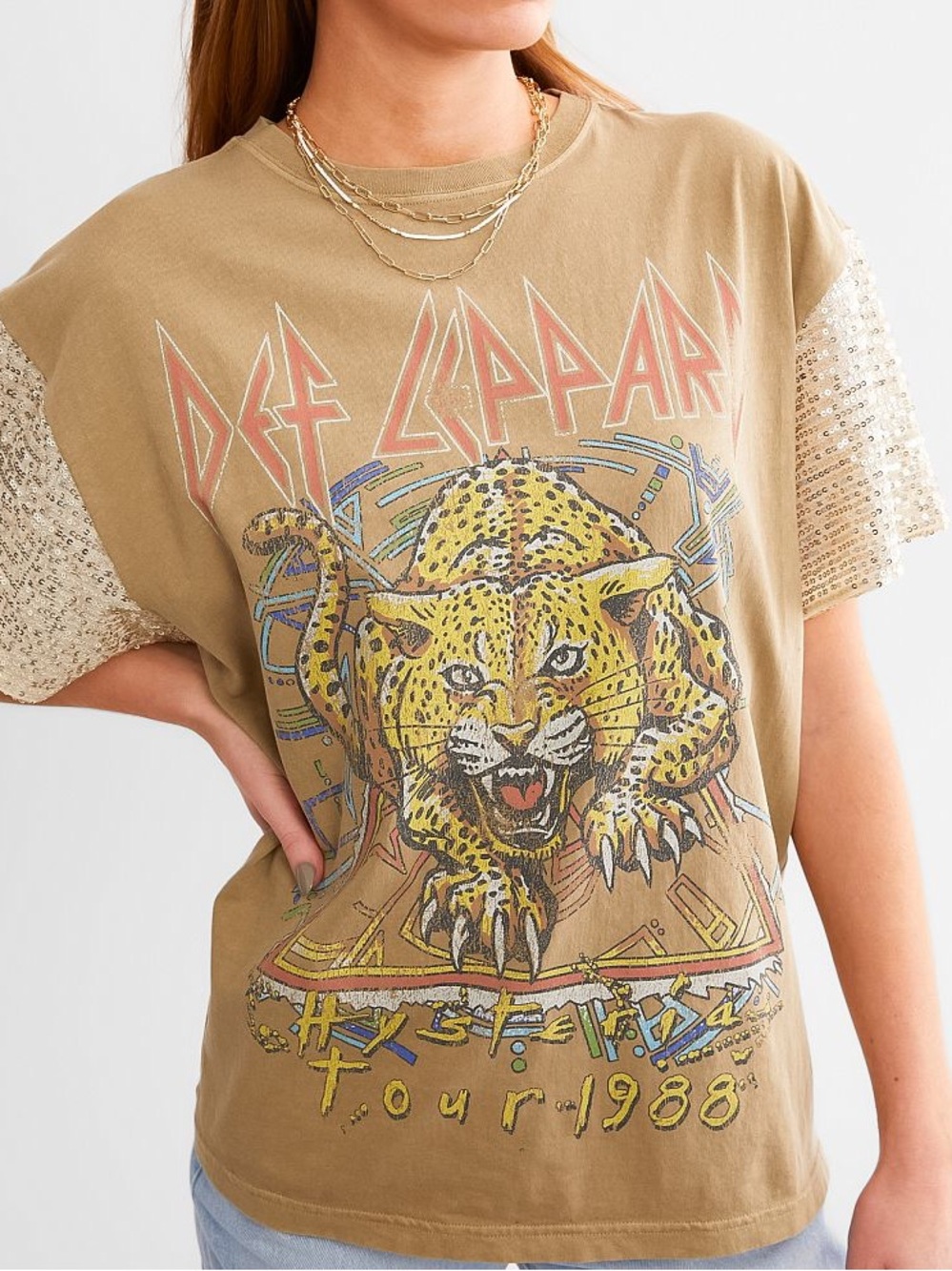 Sequin Sleeve Graphic Tee in Tan - Def Leppard Style